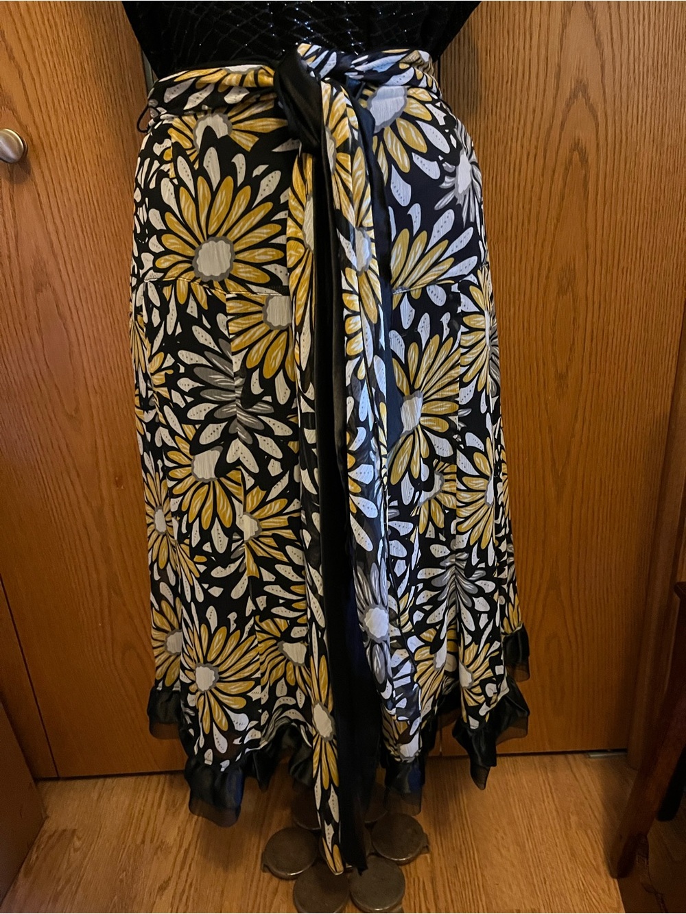 Asymmetrical Black Skirt with Yellow Floral Print